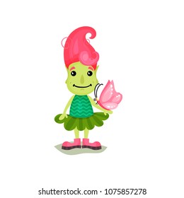 Lovely happy girl troll with pink hair and green skin, funny fairy tale character vector Illustrations on a white background