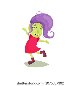 Lovely happy girl troll with purple hair, funny fairy tale character vector Illustrations on a white background