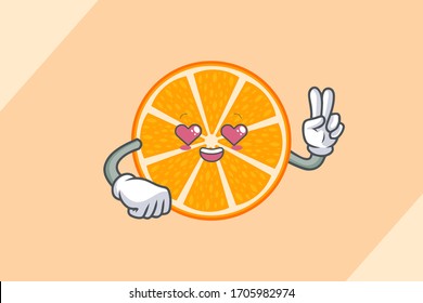 LOVELY, HAPPY, LOVING IN LOVE, HEART EYE, Face. Peace Finger Gesture. Mascot Illustration. Slice Orange Citrus Fruit Cartoon.