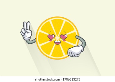 LOVELY, HAPPY,  LOVING IN LOVE,  HEART EYE, Face. Peace Finger Gesture. Mascot Illustration. Slice Lemon Fruit Cartoon.