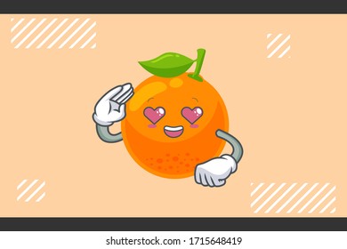 LOVELY, HAPPY, LOVING IN LOVE, HEART EYE, Face. Orange Citrus Fruit Cartoon Mascot Illustration.