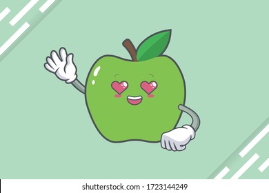 LOVELY, HAPPY, LOVING IN LOVE, HEART EYE Face Emotion. Waving Hand Gesture. Green Apple Mascot Illustration.