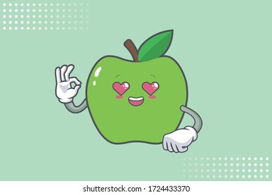 LOVELY, HAPPY, LOVING IN LOVE, HEART EYE Face Emotion. Ok, Nice, Good Hand Gesture. Green Apple Cartoon Mascot Illustration.