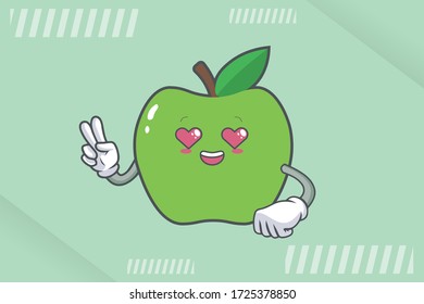 LOVELY, HAPPY, LOVING IN LOVE, HEART EYE Face Emotion. Peace Hand Gesture. Green Apple Cartoon Mascot Illustration
