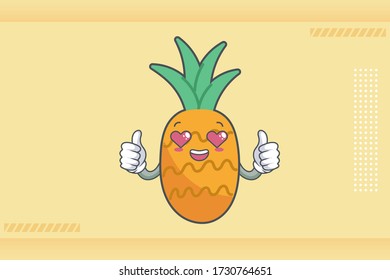 LOVELY, HAPPY, LOVING IN LOVE, HEART EYE Face Emotion. Double Thumb Up Hand Gesture. Pineapple Fruit Cartoon Drawn Mascot Illustration.