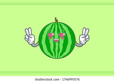 LOVELY, HAPPY, LOVING IN LOVE, HEART EYE Face Emotion. Double Peace Hand Gesture. Watermelon Fruit Cartoon Drawing Mascot Illustration.