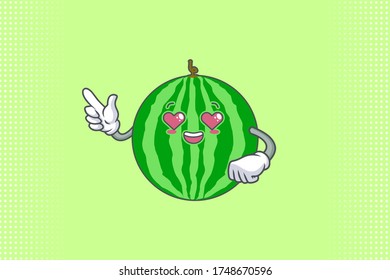 LOVELY, HAPPY, LOVING IN LOVE, HEART EYE Face Emotion. Forefinger Hand Gesture. Watermelon Fruit Cartoon Drawing Mascot Illustration.