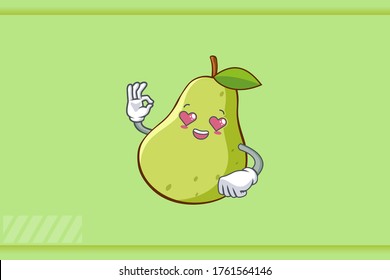 LOVELY, HAPPY, LOVING IN LOVE, HEART EYE Face Emotion. OK Nice Hand Gesture. Green Pear Fruit Cartoon Drawing Mascot Illustration.