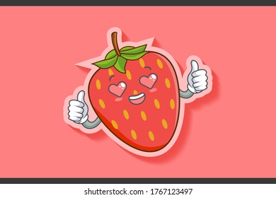 LOVELY, HAPPY, LOVING IN LOVE, HEART EYE Face Emotion. Double Thumb Up Hand Gesture. Red Strawberry Fruit Cartoon Drawing Mascot Illustration.