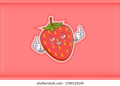 LOVELY, HAPPY, LOVING IN LOVE, HEART EYE Face Emotion. Double Forefinger Hand Gesture. Red Strawberry Fruit Cartoon Drawing Mascot Illustration.