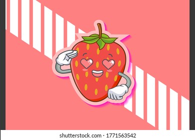 LOVELY, HAPPY, LOVING IN LOVE, HEART EYE Face Emotion. Salute Hand Gesture. Red Strawberry Fruit Cartoon Drawing Mascot Illustration.