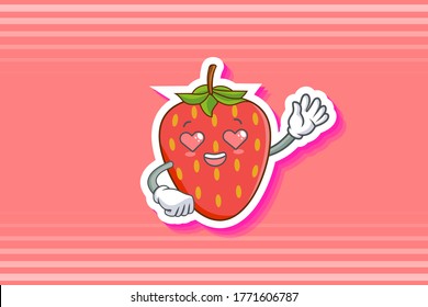 LOVELY, HAPPY, LOVING IN LOVE, HEART EYE Face Emotion. Waving Hand Gesture. Red Strawberry Fruit Cartoon Drawing Mascot Illustration.