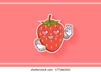 LOVELY, HAPPY, LOVING IN LOVE, HEART EYE Face Emotion. Nice Hand Gesture. Red Strawberry Fruit Cartoon Drawing Mascot Illustration.