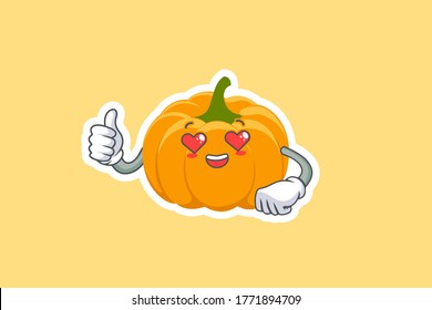 LOVELY, HAPPY, LOVING IN LOVE, HEART EYE Face Emotion. Thumb Up Hand Gesture. Yellow, Orange Pumpkin Fruit Cartoon Drawing Mascot Illustration.