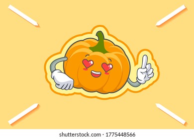 LOVELY, HAPPY, LOVING IN LOVE, HEART EYE Face Emotion. Forefinger Hand Gesture. Yellow, Orange Pumpkin Fruit Cartoon Drawing Mascot Illustration.