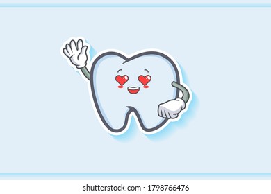 LOVELY, HAPPY, LOVING IN LOVE, HEART EYE Face Emotion. Waving Hand Gesture. Tooth Cartoon Drawing Mascot Illustration.