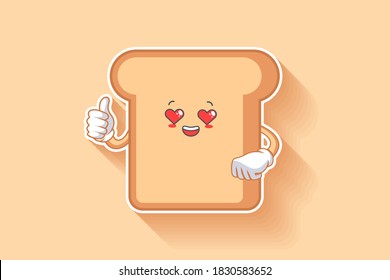 LOVELY, HAPPY, LOVING IN LOVE, HEART EYE Face Emotion. Thumb up hand Gesture. Bread Food Cartoon Drawing Mascot Illustration.