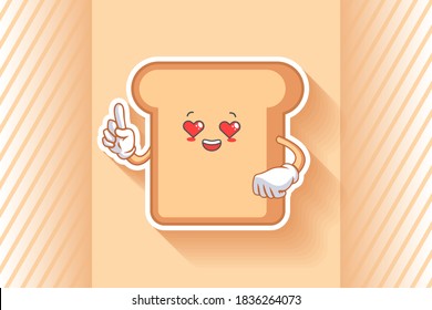 LOVELY, HAPPY, LOVING IN LOVE, HEART EYE Face Emotion. Forefinger Gesture. Bread Food Cartoon Drawing Mascot Illustration.