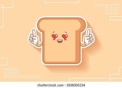 LOVELY, HAPPY, LOVING IN LOVE, HEART EYE Face Emotion. Double Forefinger Gesture. Bread Food Cartoon Drawing Mascot Illustration.