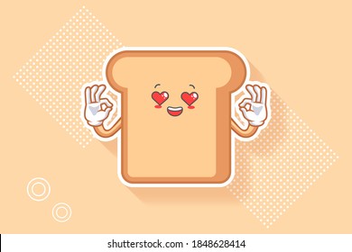 LOVELY, HAPPY, LOVING IN LOVE, HEART EYE Face Emotion. Nice Hand Gesture. Bread Food Cartoon Drawing Mascot Illustration.