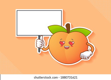 LOVELY, HAPPY, LOVING IN LOVE, HEART EYE Face Emotion. Holding Whiteboard Hand Gesture. Peach Fruit Cartoon Drawing Mascot Illustration.