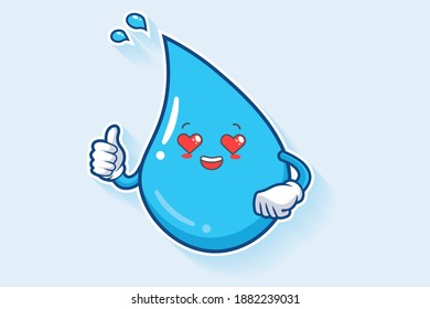 LOVELY, HAPPY, LOVING IN LOVE, HEART EYE Face Emotion. Thumb Up Hand Gesture. Water Drop Cartoon Drawing Mascot Illustration.