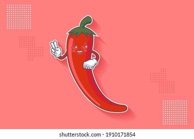 LOVELY, HAPPY, LOVING IN LOVE, HEART EYE Face Emotion. Peace Finger Hand Gesture. Chili Vegetable Cartoon Drawing Mascot Illustration.