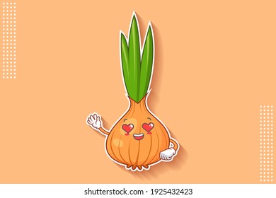 LOVELY, HAPPY, LOVING IN LOVE, HEART EYE Face Emotion. Salute, Respect Hand Gesture. White Onion, Garlic Vegetable Character Cartoon Drawing Mascot Illustration.