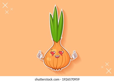 LOVELY, HAPPY, LOVING IN LOVE, HEART EYE Face Emotion. Forefinger Hand Gesture. Onion, Garlic Vegetable Character Cartoon Drawing Mascot Illustration.