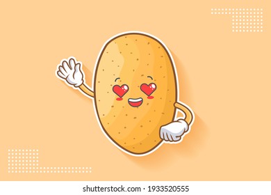 LOVELY, HAPPY, LOVING IN LOVE, HEART EYE Face Emotion. Waving Hand Gesture. Potato Vegetable Character Cartoon Drawing Mascot Illustration.