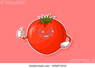 LOVELY, HAPPY, LOVING IN LOVE, HEART EYE Face Emotion. Thumb Up Hand Gesture. Tomato Vegetable Character Cartoon Drawing Mascot Illustration.