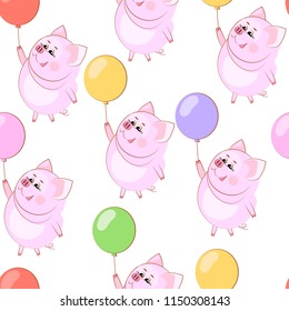Lovely happy pig. Air balloon. Seamless pattern. Vector illustration.