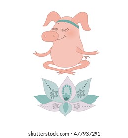 The lovely happy pig blindly sits in a lotus pose, meditation. Fine flower of a lotus. Cute cartoon piglet on white background