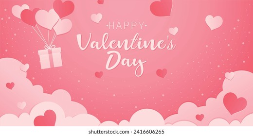 Lovely Happy Valentine's day Card And Cover February 14th Love Day Gift Cute Love Message Valentines Day Heart Shape Balloons Sky Background Banner Vector