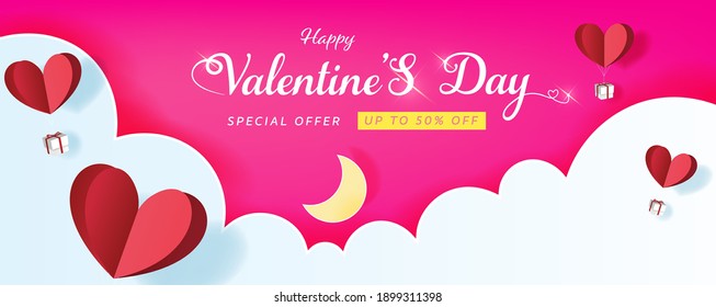 Lovely Happy valentines day greeting banner background with hearts . Vector illustration for banner, Wallpaper, posters, brochure, voucher discount, paper cut style