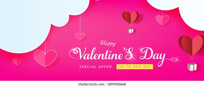 Lovely Happy valentines day greeting banner background with hearts . Vector illustration for banner, Wallpaper, posters, brochure, voucher discount, paper cut style