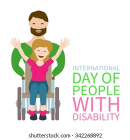 Lovely happy young couple - man pushing wheelchair with disabled woman holding her hands up. Flat vector characters on isolated background. Concept for International Day of People With Disability.