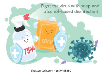 Lovely health promotion flat illustration, Fight the virus with soap and alcohol-based spray to avoid COVID-19