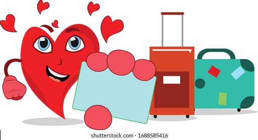 Lovely Heart Character with travel bags showing a blank card