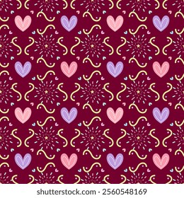 Lovely Heart with fireworks castle style. Seamless pattern.Vector.