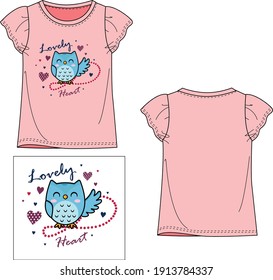 lovely heart owl print girl baby kids toddler tee t  shirt vector sketch technical drawing