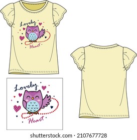 lovely heart owl print girl baby kids toddler tee t-shirt vector yellow  sketch technical drawing