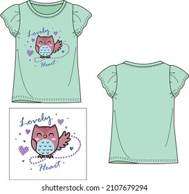 lovely heart owl print girl baby kids toddler tee mint t-shirt vector sketch technical drawing