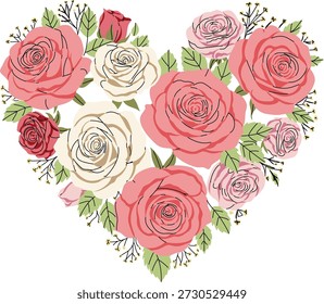 Uma forma de coração encantadora composta por várias rosas rosa e brancas com folhas e ramos verdes delicados