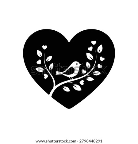 Lovely heart shape design enclosing cute bird sitting on vine filled with floral accents and tiny hearts artistic romantic illustration perfect for valentines day celebrations wedding stationery and affectionate branding projects clean black style on white backdrop for versatile creative usage.