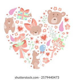 A lovely heart shaped design of cute bears with flowers in soft pastel colors perfect for valentines day