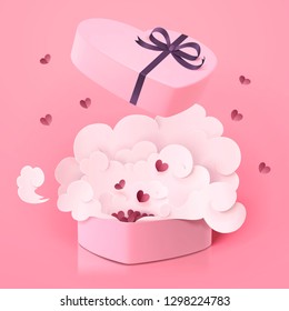 Lovely heart shaped gift box with smog on pink background, paper art style in 3d illustration