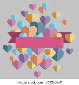 Lovely Hearts Greeting card or banner template. Colorful heart shapes with pink ribbon template.