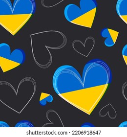 Lovely hearts. Seamless modern pattern. Symbol of love in the colors of the flag of Ukraine on a black background. Vector.