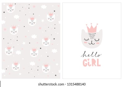 Lovely Hello Girl Vector Card and Pattern. Cute White Baby Cat Wearing Pink Crown on a White. Cats, Clouds, Stars and Heart on a Gray Background. Sweet Nursery Art. Simple Baby Shower Illustrations.